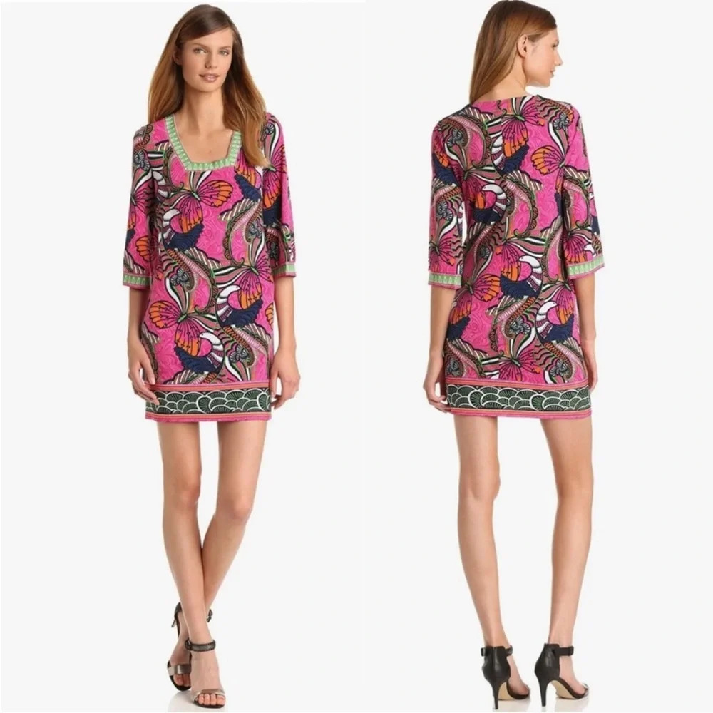 LAUNDRY SHELLI SEGAL Butterfly Peacock Pink Printed 3/4 Sleeves Shift Dress